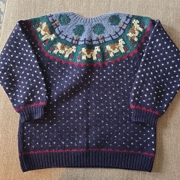 80s Deans Of Scotland 100% Shetland Wool Sweater Farmett Cows Cottagecore Farm L - Picture 5 of 7